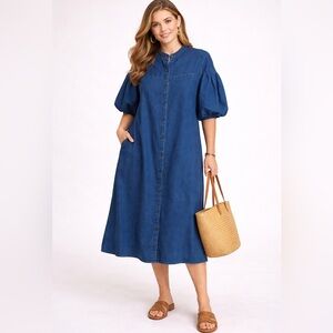 FRIFUL Puff Sleeve Button Down Denim Cottagecore Lagenlook Dress Oversized M